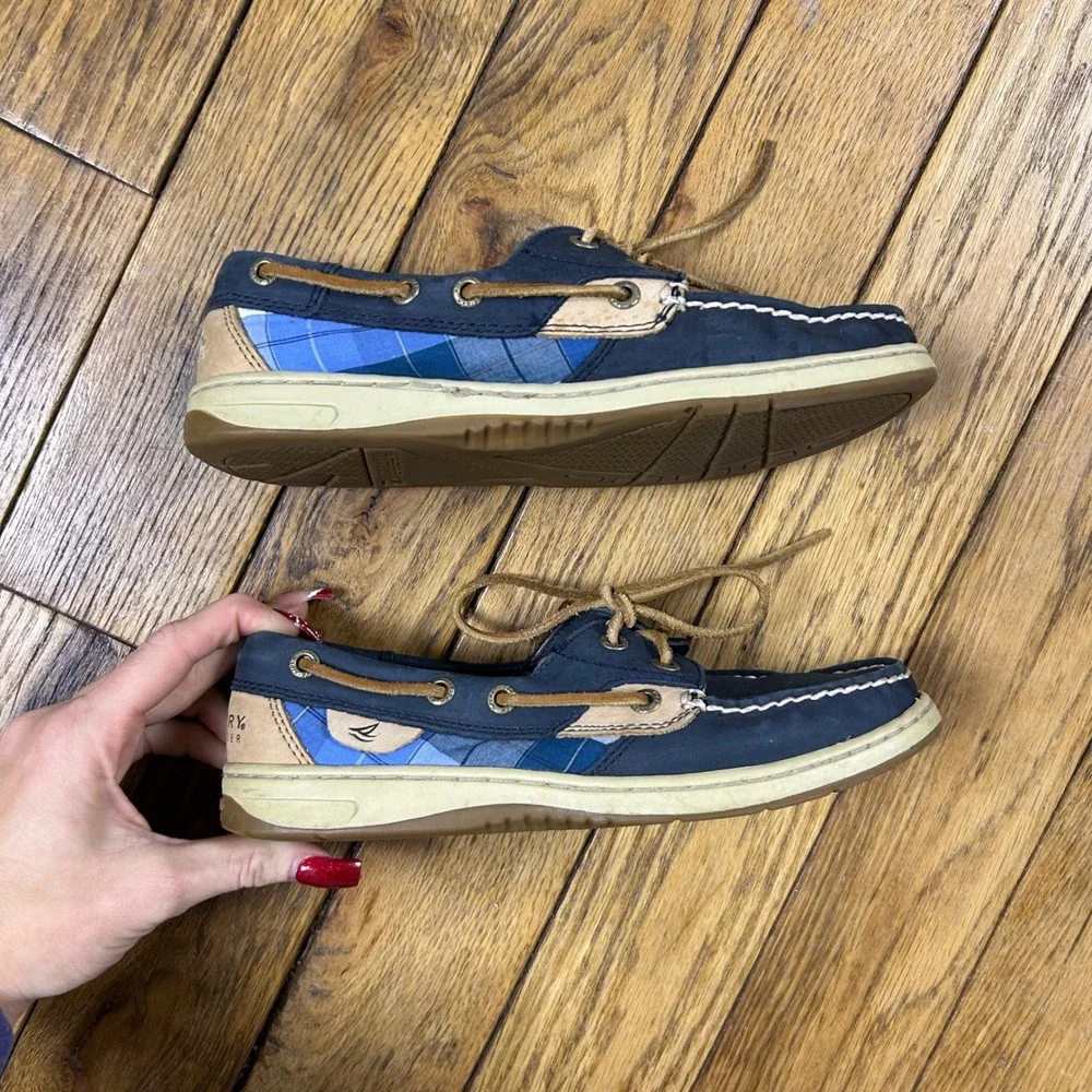 Sperry Top Sider‎ Boat Shoes Blue Plaid Tan Leather Lace Up Women 6M